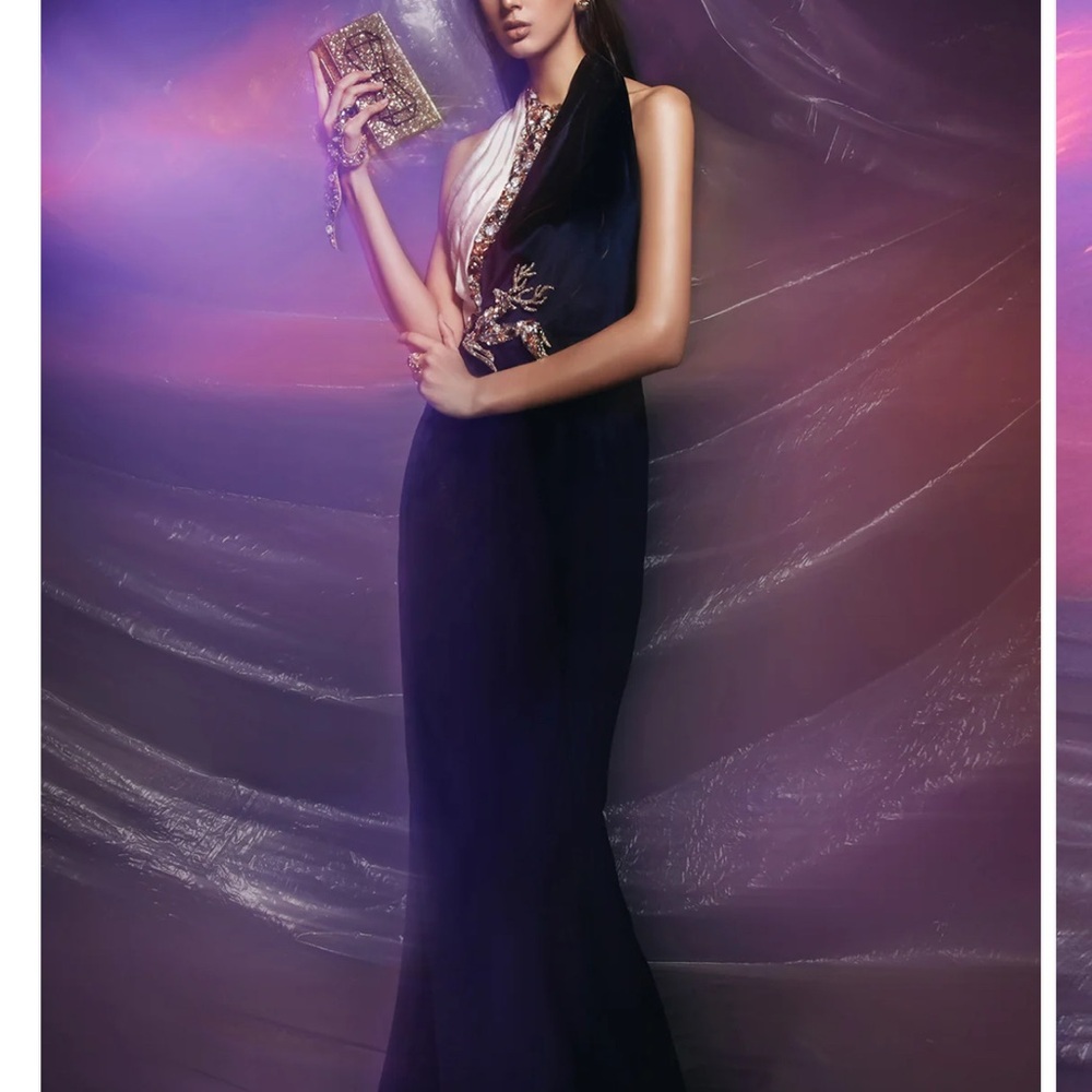 Designer Zamanay Elegant Blue Embellished Velvet Evening Gown